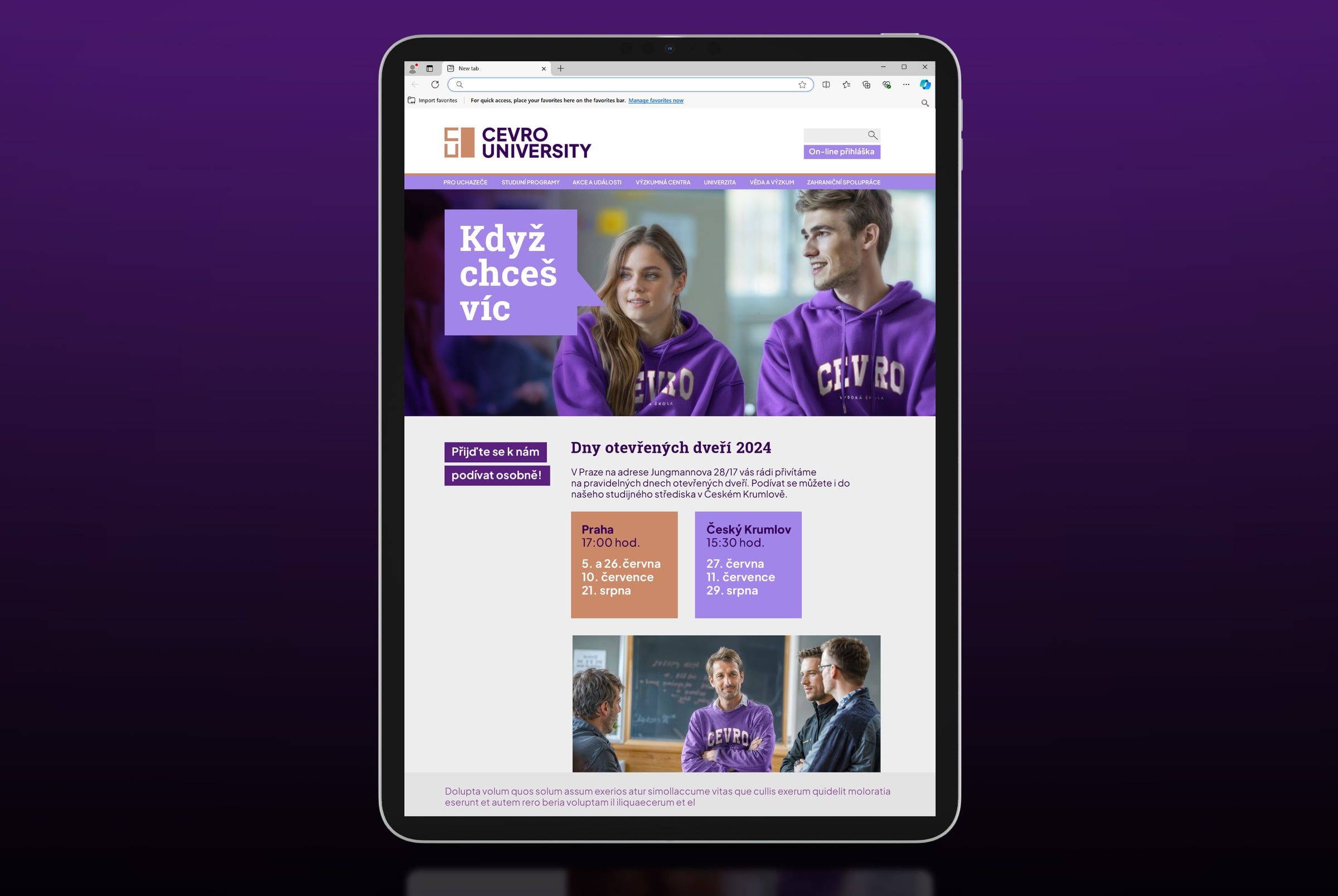 Web CEVRO University na tabletu, kampaň Když chceš víc