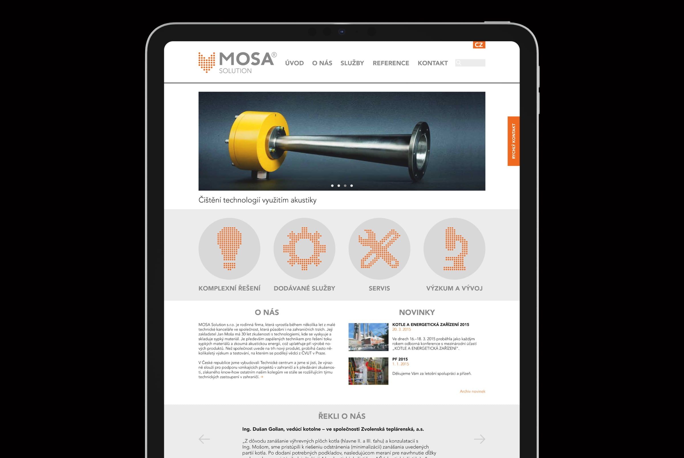 Web MOSA Solution na tabletu, úvodní stránka s čisticí technologií