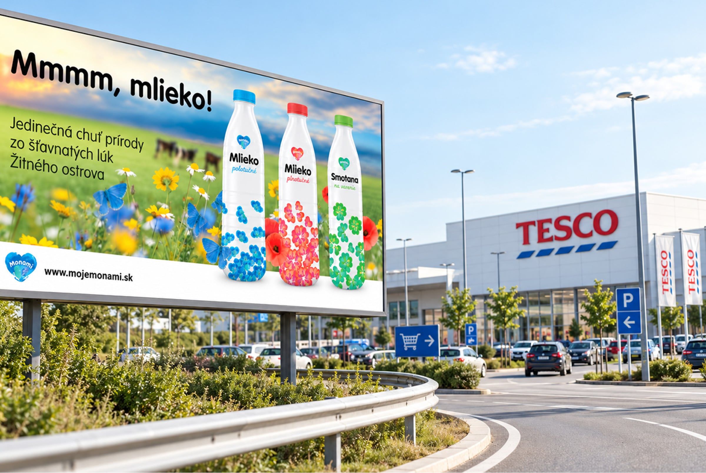 Billboard Mmmm, mlieko! se třemi lahvemi na louce