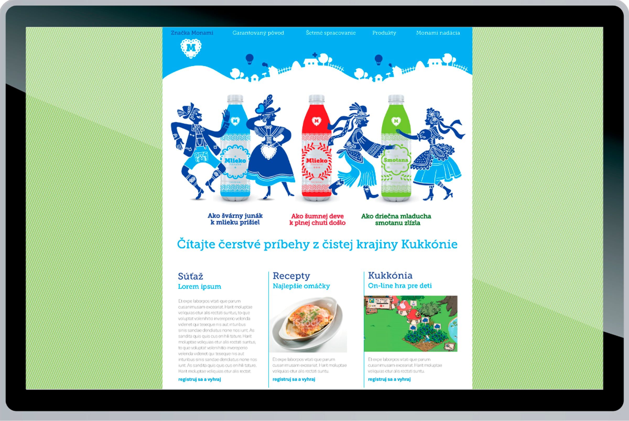 Web Monami na tabletu s lidovými postavami a claimem o Kukkonii